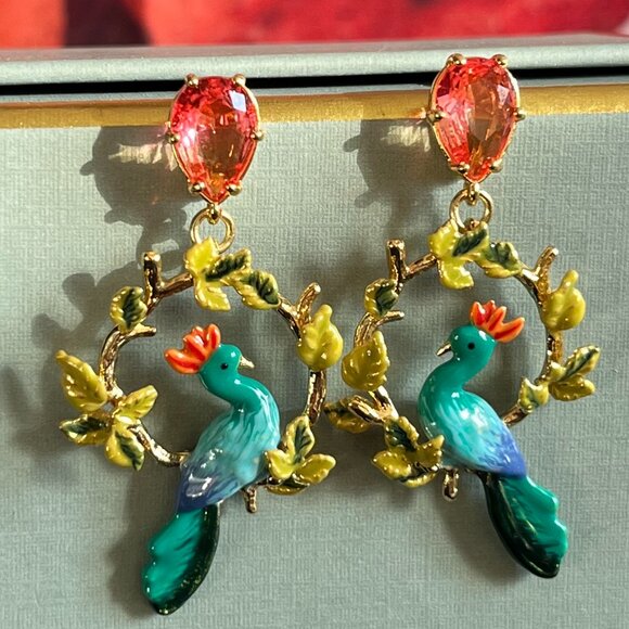 Peacock and Faceted Glass Pear Post Earrings - Picture 1 of 6